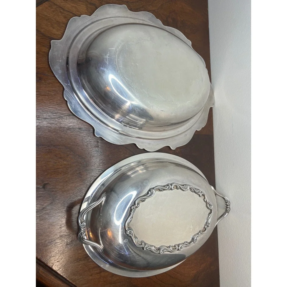 Vintage Silver Plated Oval Covered Serving Dish Scrolled Edge Domed Lid 12x9‎